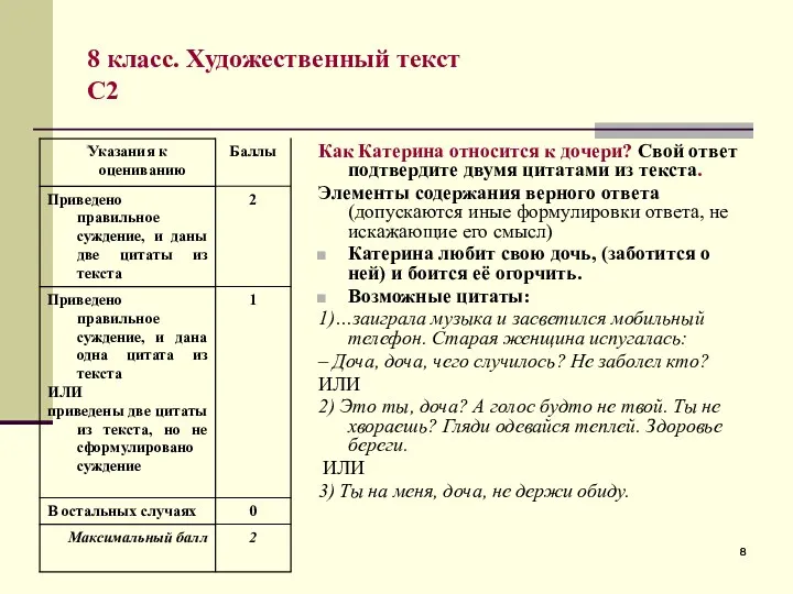 8 класс. Художественный текст С2 Как Катерина относится к дочери?