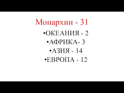 Монархии - 31 ОКЕАНИЯ - 2 АФРИКА- 3 АЗИЯ - 14 ЕВРОПА - 12