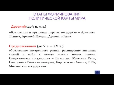 ЭТАПЫ ФОРМИРОВАНИЯ ПОЛИТИЧЕСКОЙ КАРТЫ МИРА Древний (до V в. н.