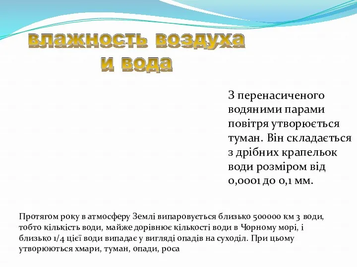 З перенасиченого водяними парами повітря утворюється туман. Він складається з