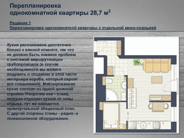 Решение 1 Перепланировка однокомнатной квартиры с отдельной мини-спальней Перепланировка однокомнатной