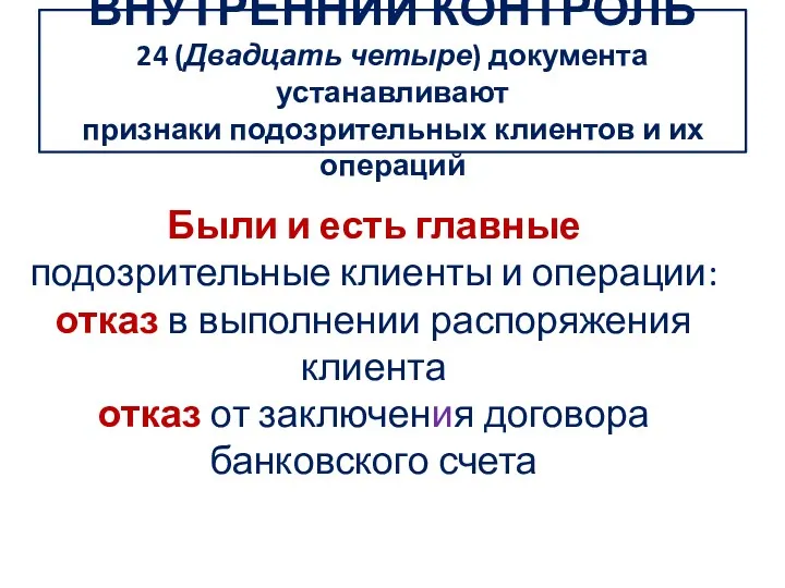 ВНУТРЕННИЙ КОНТРОЛЬ 24 (Двадцать четыре) документа устанавливают признаки подозрительных клиентов