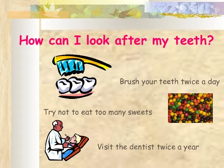 How can I look after my teeth? Brush your teeth