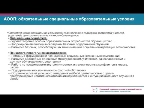 АООП: обязательные специальные образовательные условия Систематическая специальная и психолого-педагогическая поддержка