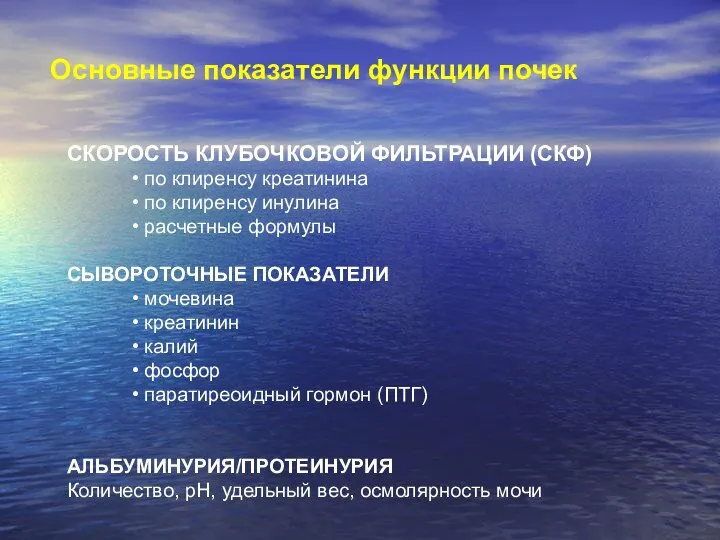 Основные показатели функции почек СКОРОСТЬ КЛУБОЧКОВОЙ ФИЛЬТРАЦИИ (СКФ) по клиренсу