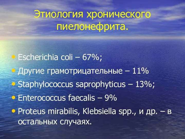 Этиология хронического пиелонефрита. Escherichia coli – 67%; Другие грамотрицательные –