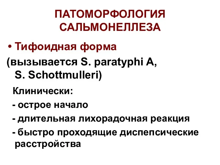 ПАТОМОРФОЛОГИЯ САЛЬМОНЕЛЛЕЗА Тифоидная форма (вызывается S. paratyphi A, S. Schottmulleri) Клинически: - острое