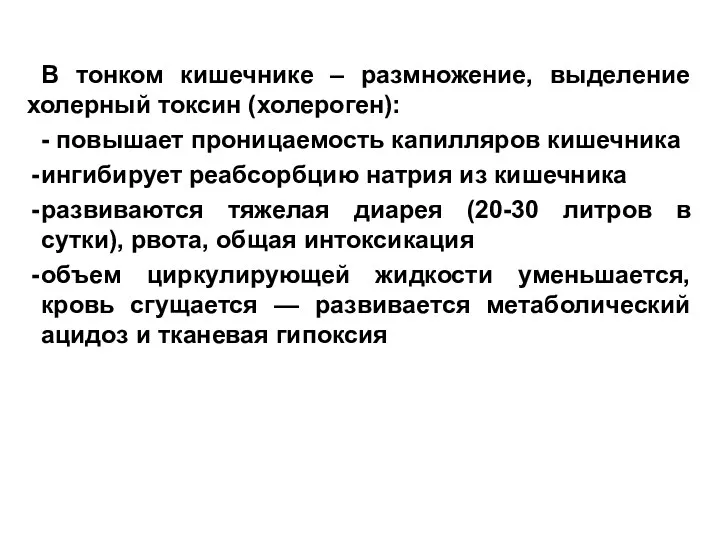 В тонком кишечнике – размножение, выделение холерный токсин (холероген): - повышает проницаемость капилляров