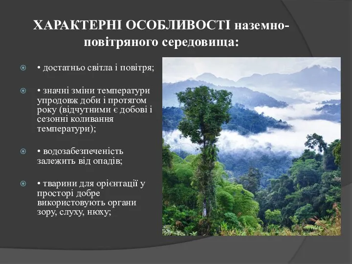 ХАРАКТЕРНІ ОСОБЛИВОСТІ наземно-повітряного середовища: • достатньо світла і повітря; •