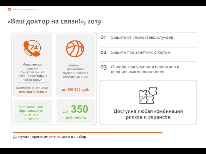 «Ваш доктор на связи!», 2019 «Ваш доктор на связи!» Доступно 5 программ страхования на выбор