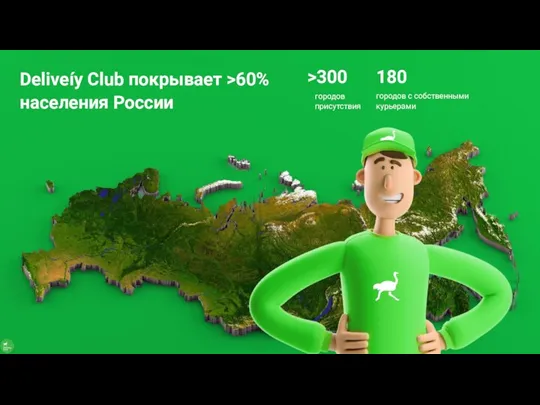 >300 городов присутствия 180 городов с собственными курьерами Deliveíy Club покрывает >60% населения России