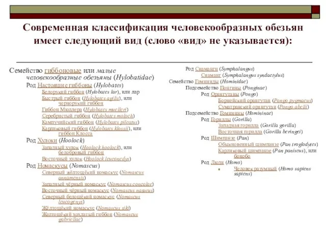 Современная классификация человекообразных обезьян имеет следующий вид (слово «вид» не