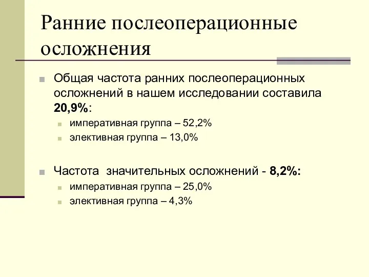 Ранние послеоперационные осложнения Общая частота ранних послеоперационных осложнений в нашем