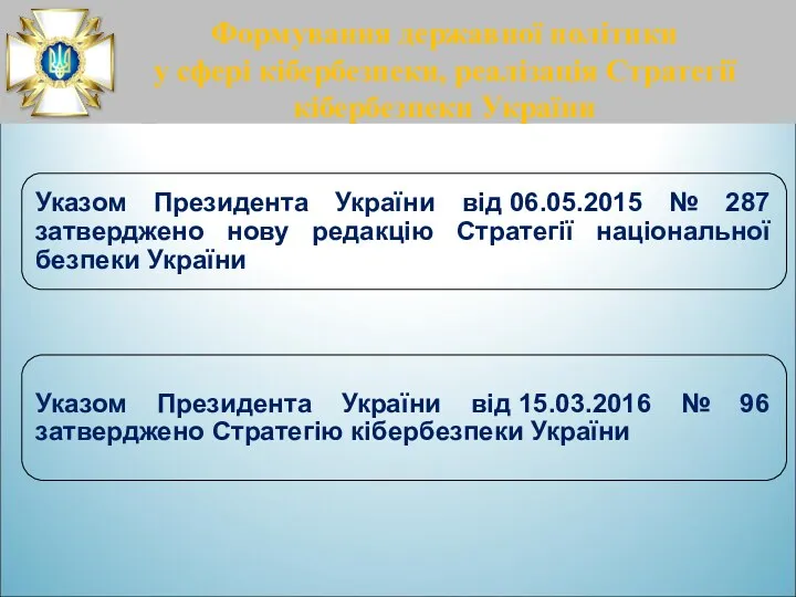 Указом Президента України від 15.03.2016 № 96 затверджено Стратегію кібербезпеки