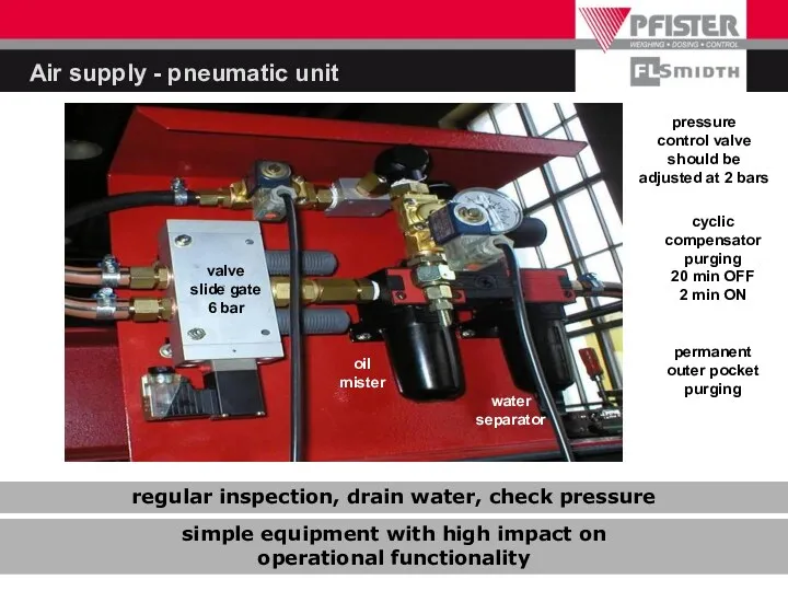 Air supply - pneumatic unit regular inspection, drain water, check