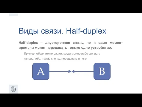 Виды связи. Half-duplex Half-duplex – двусторонняя связь, но в один