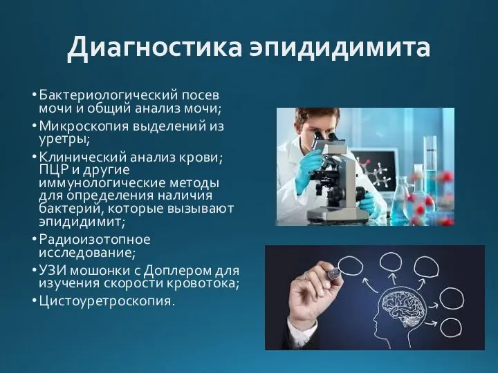 Диагностика эпидидимита Бактериологический посев мочи и общий анализ мочи; Микроскопия