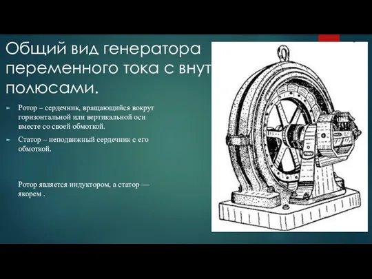 Общий вид генератора переменного тока с внутренними полюсами. Ротор –