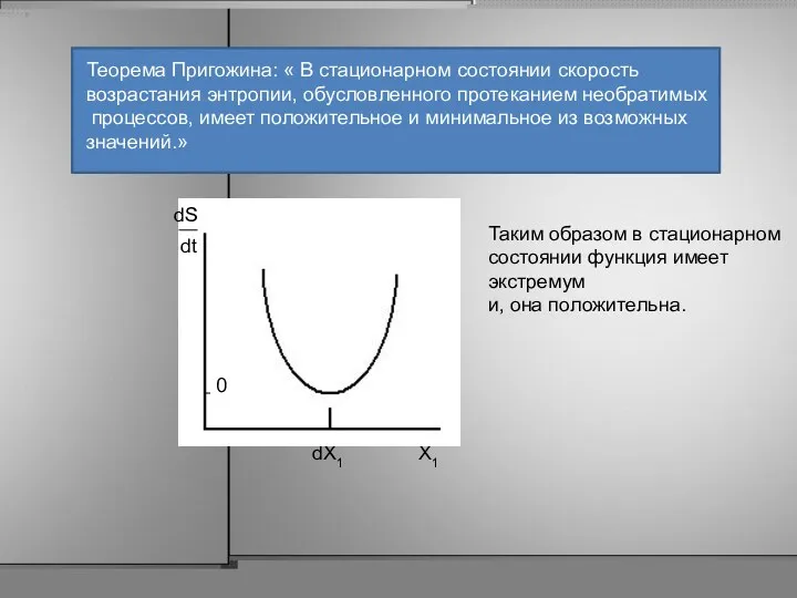 Теорема Пригожина: « В стационарном состоянии скорость возрастания энтропии, обусловленного протеканием необратимых процессов,