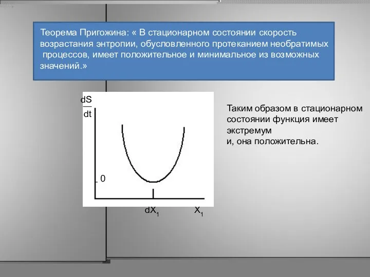 Теорема Пригожина: « В стационарном состоянии скорость возрастания энтропии, обусловленного