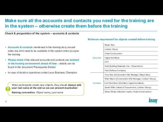 Make sure all the accounts and contacts you need for the training are