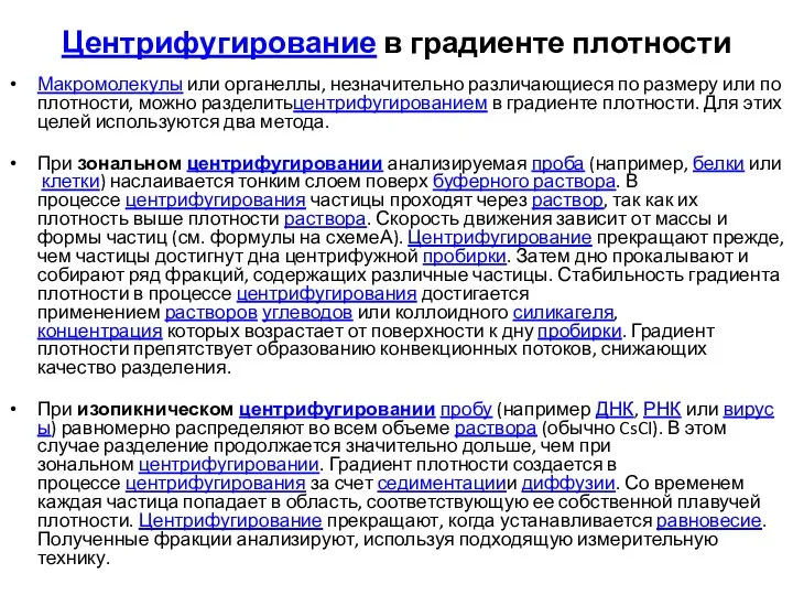 Центрифугирование в градиенте плотности Макромолекулы или органеллы, незначительно различающиеся по размеру или по
