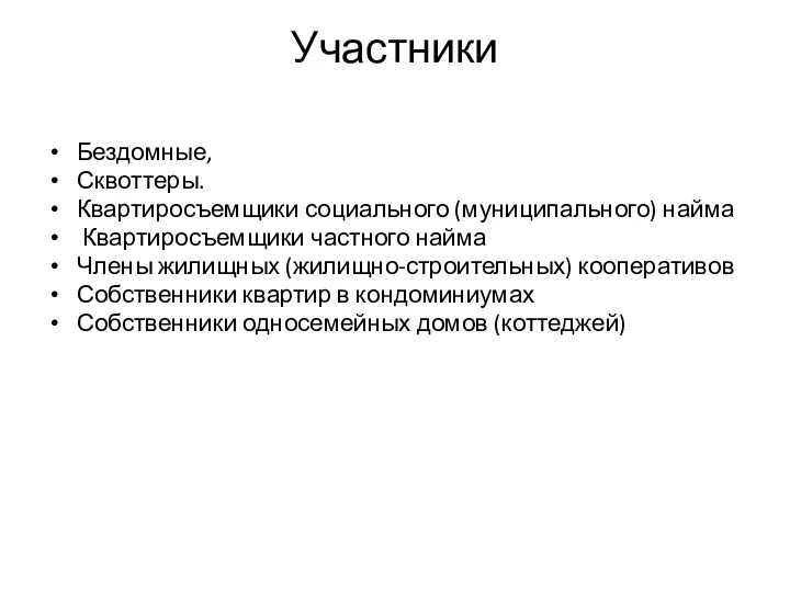 Участники Бездомные, Сквоттеры. Квартиросъемщики социального (муниципального) найма Квартиросъемщики частного найма