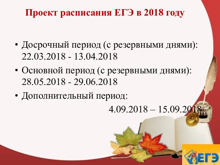 Проект расписания ЕГЭ в 2018 году Досрочный период (с резервными днями): 22.03.2018 -