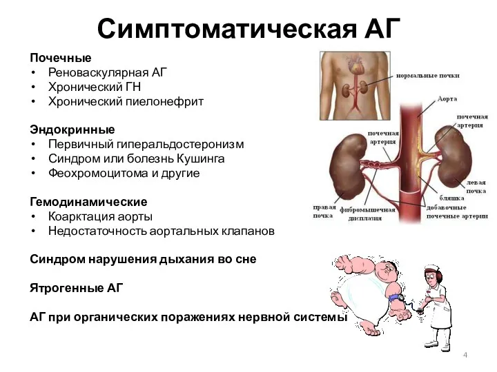 Симптоматическая АГ Почечные Реноваскулярная АГ Хронический ГН Хронический пиелонефрит Эндокринные Первичный гиперальдостеронизм Синдром