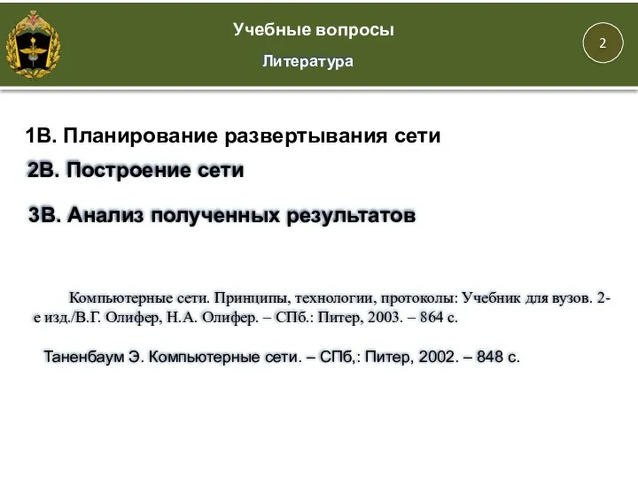 Учебные вопросы 1В. Планирование развертывания сети 2В. Построение сети Литература