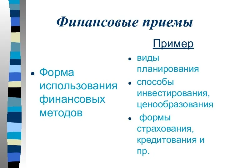 Финансовые приемы Форма использования финансовых методов Пример виды планирования способы