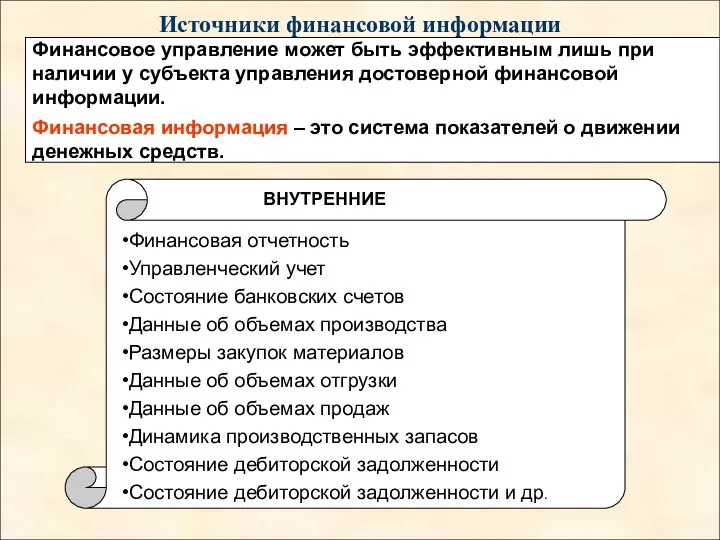 Источники финансовой информации Финансовое управление может быть эффективным лишь при