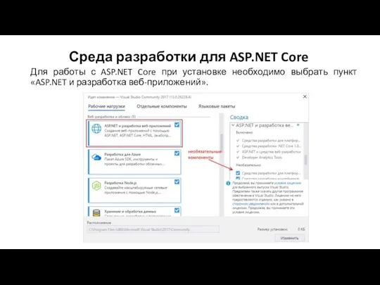 Среда разработки для ASP.NET Core Для работы с ASP.NET Core при установке необходимо