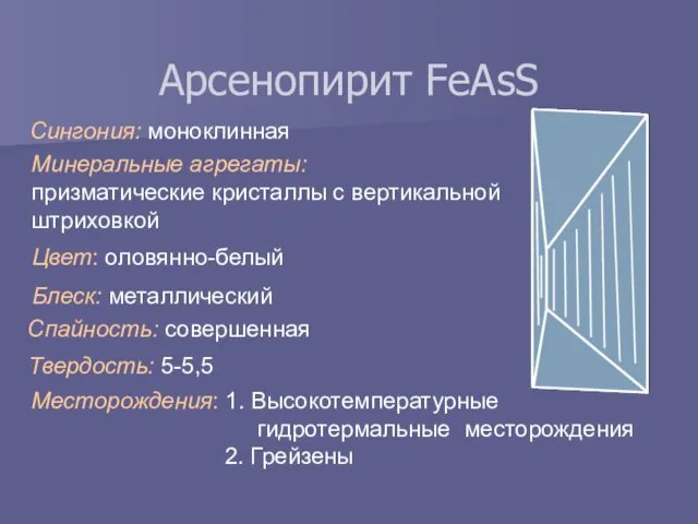 Арсенопирит FeAsS Сингония: моноклинная Цвет: оловянно-белый Минеральные агрегаты: призматические кристаллы