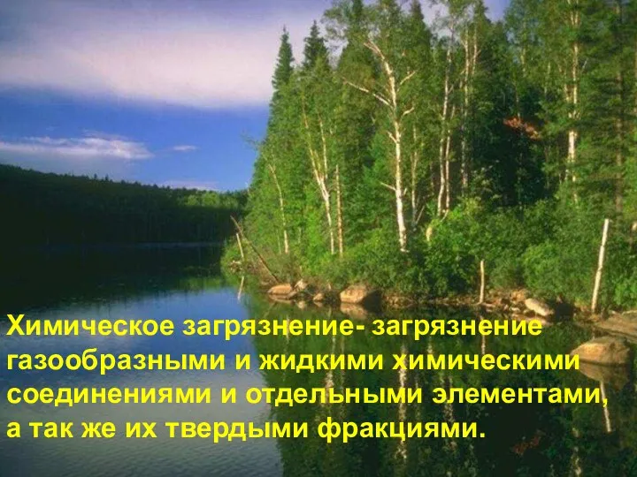 Химическое загрязнение- загрязнение газообразными и жидкими химическими соединениями и отдельными