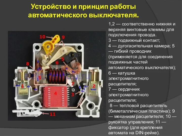 Устройство и принцип работы автоматического выключателя. 1,2 — соответственно нижняя и верхняя винтовые