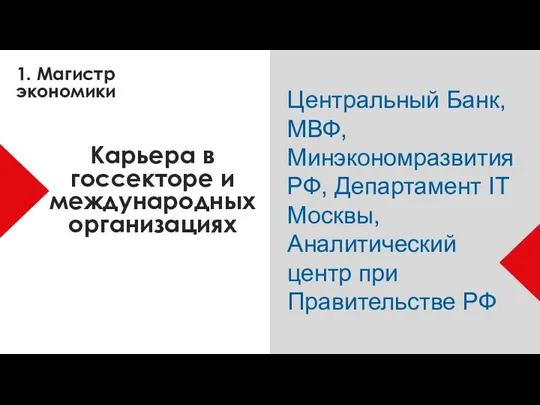 Карьера в госсекторе и международных организациях Центральный Банк, МВФ, Минэкономразвития РФ, Департамент IT