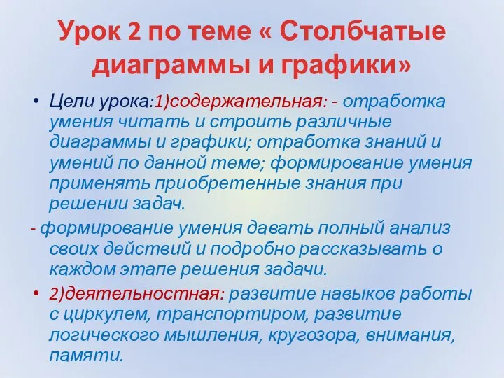 Урок 2 по теме « Столбчатые диаграммы и графики» Цели