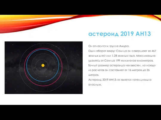 астероид 2019 AH13 Он относится к группе Амура. Один оборот