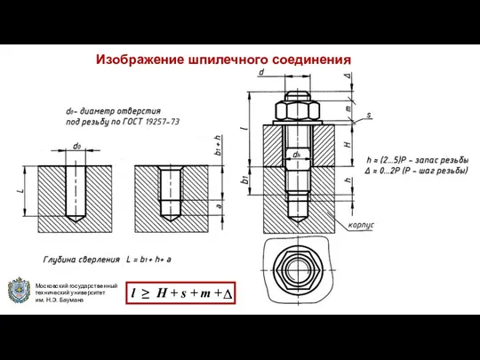 Изображение шпилечного соединения l ≥ Н + s + m +