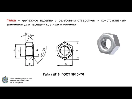 Гайка – крепежное изделие с резьбовым отверстием и конструктивным элементом