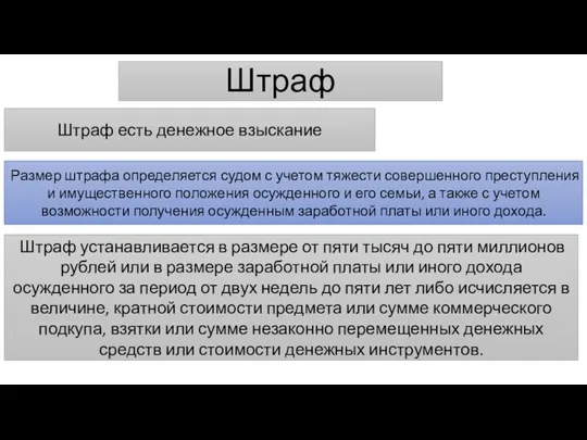 Штраф Штраф есть денежное взыскание Размер штрафа определяется судом с