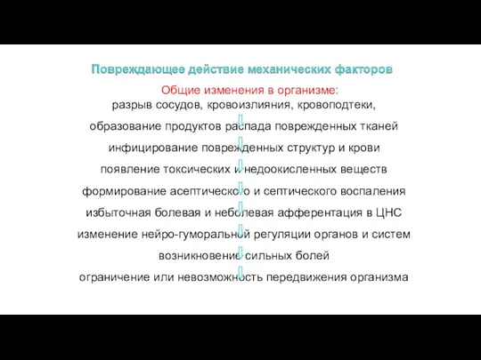 Общие изменения в организме: разрыв сосудов, кровоизлияния, кровоподтеки, образование продуктов