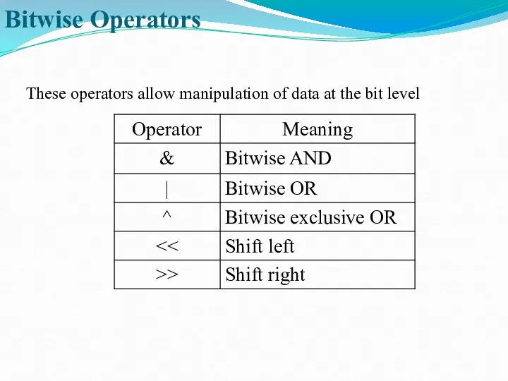 Bitwise Operators These operators allow manipulation of data at the bit level