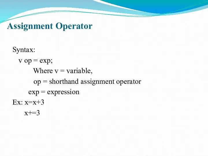 Assignment Operator Syntax: v op = exp; Where v =