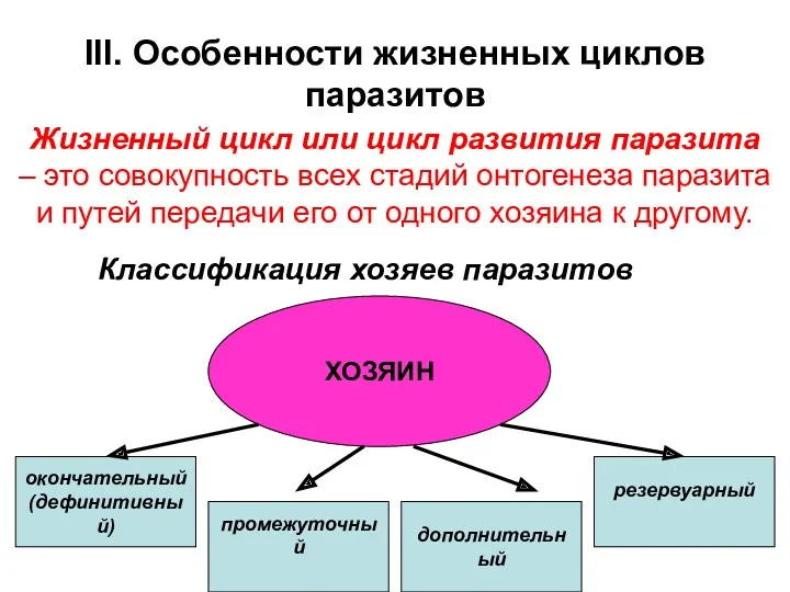 Классификация хозяев паразитов III. Особенности жизненных циклов паразитов Жизненный цикл