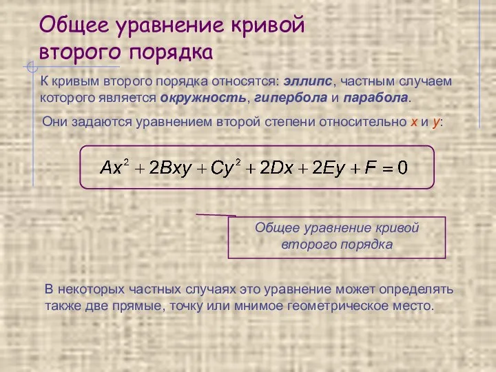 Общее уравнение кривой второго порядка К кривым второго порядка относятся: