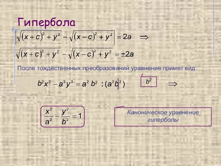 Гипербола Каноническое уравнение гиперболы После тождественных преобразований уравнение примет вид: