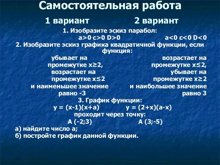 Самостоятельная работа 1 вариант 2 вариант 1. Изобразите эскиз парабол: a>0 c>0 D>0