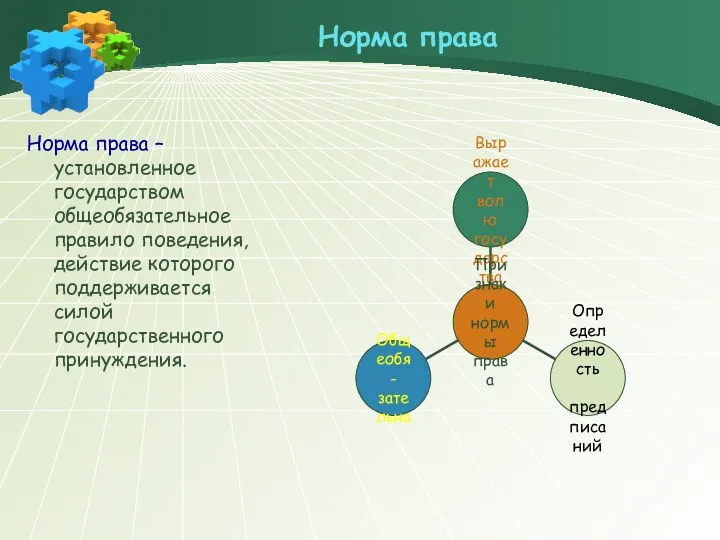 Норма права Норма права – установленное государством общеобязательное правило поведения, действие которого поддерживается силой государственного принуждения.